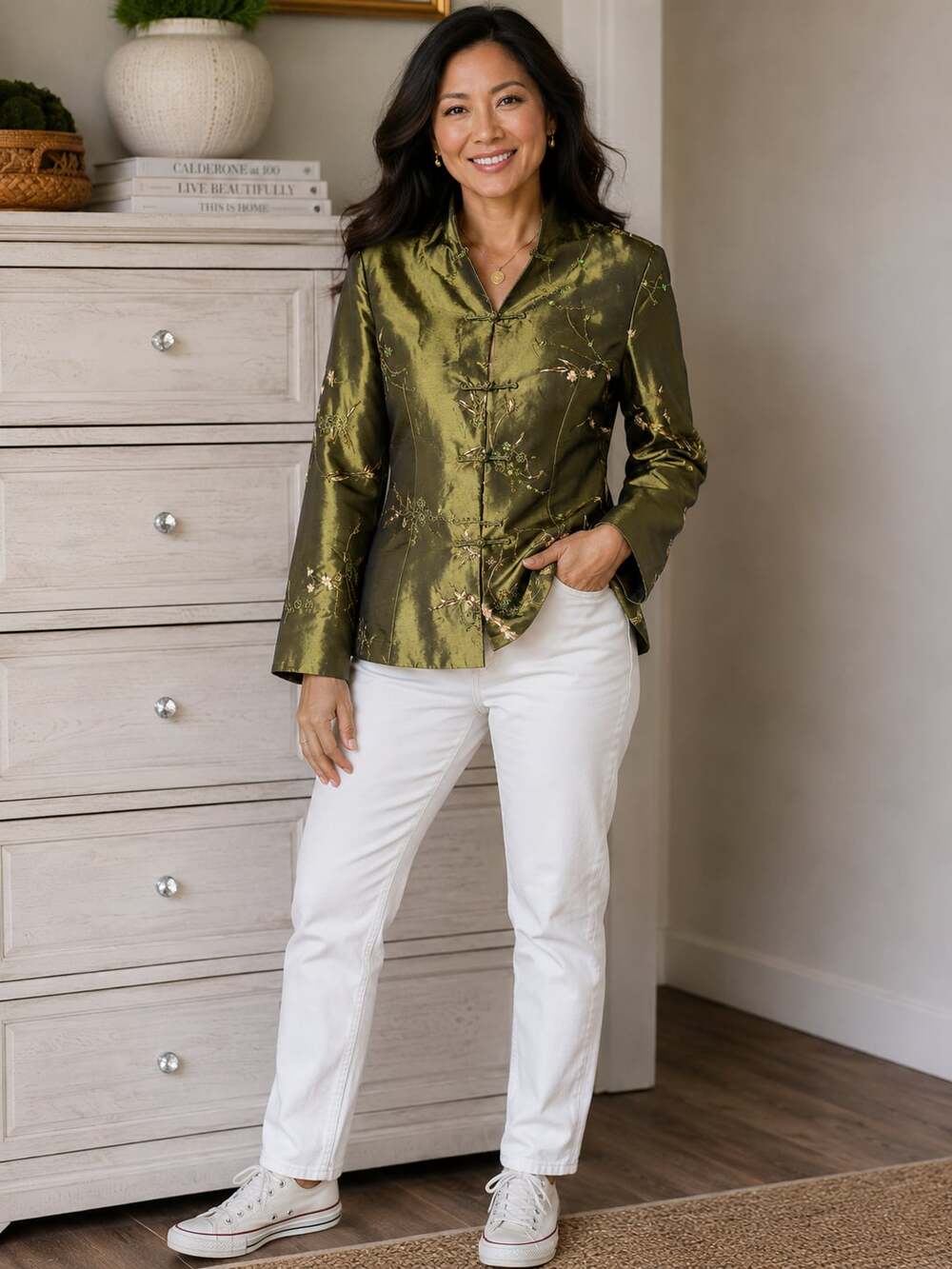 Meng Lu Olive Green Embroidered Silk Blend Chinese-Style Jacket
38JC